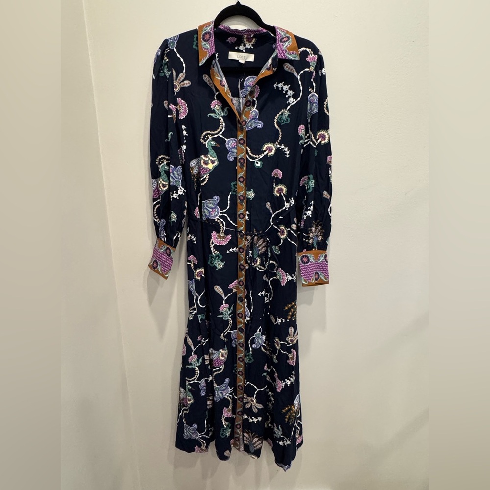 NWT LOFT Navy Floral-Print Button-Front Maxi Dress Size 10